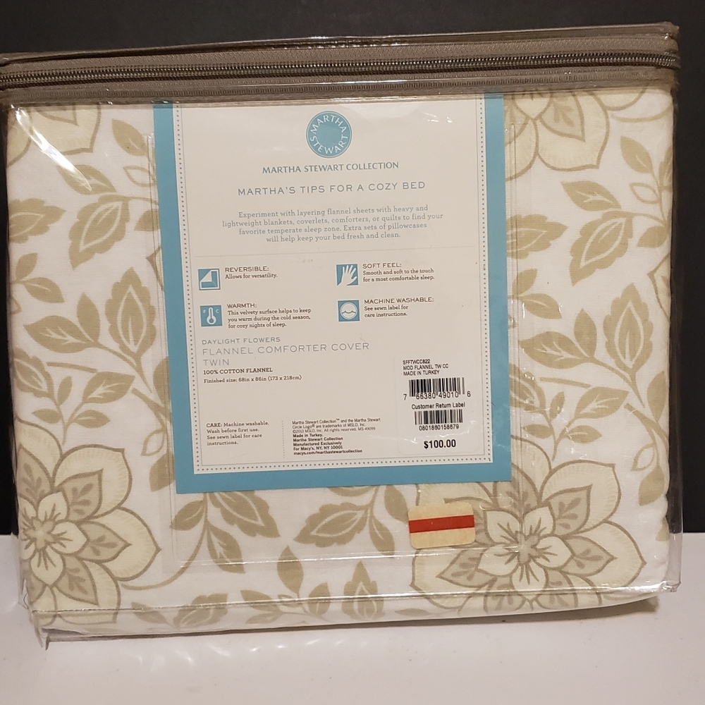 Martha Stewart Flannel Comforter Cover - Cream Floral - Picture 3 of 4